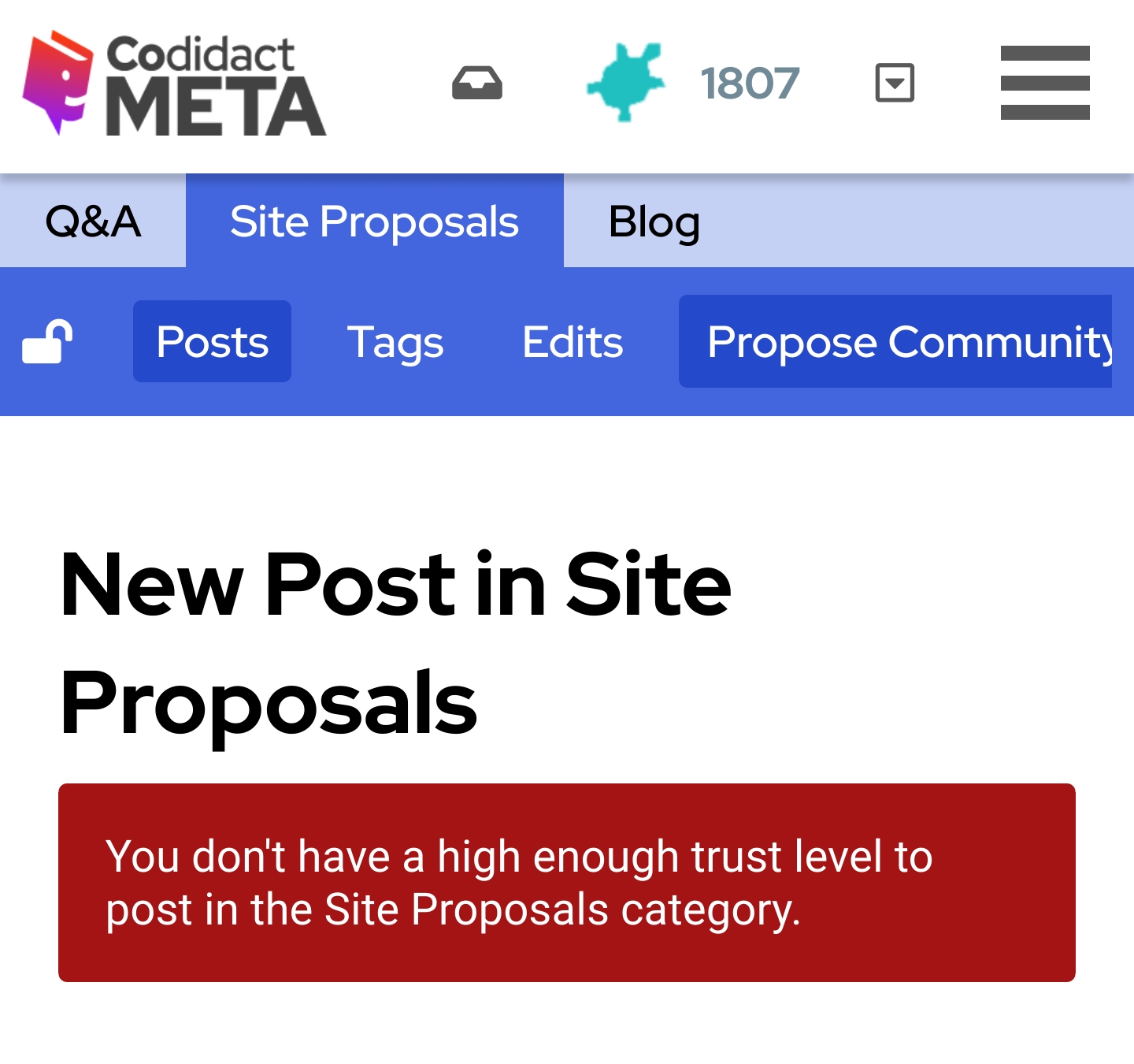 Site Proposals category showing a red error message "You don't have a high enough trust level to post in the Site Proposals category"
