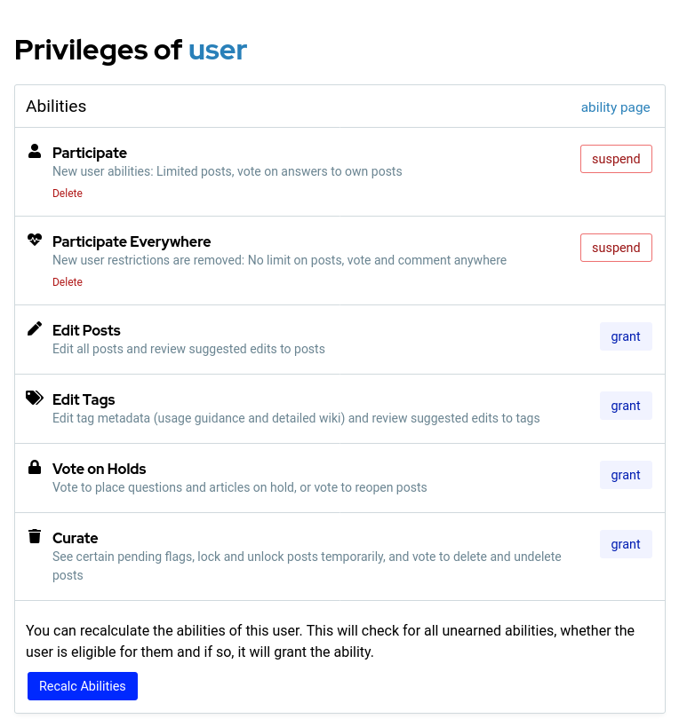 The "Privileges" page