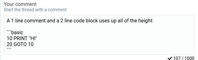 The comment text area with markdown for a code block