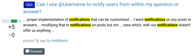 Hypothetical search result showing all of the occurrences of the word "notifications" highlighted in bold on a yellow background