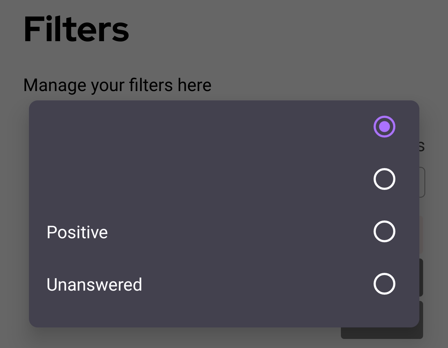 A pop up selection list as a modal dialog over the filters tab
