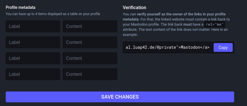 Mastodon profile metadata editor with the four pairs of entries (label/content) as described above