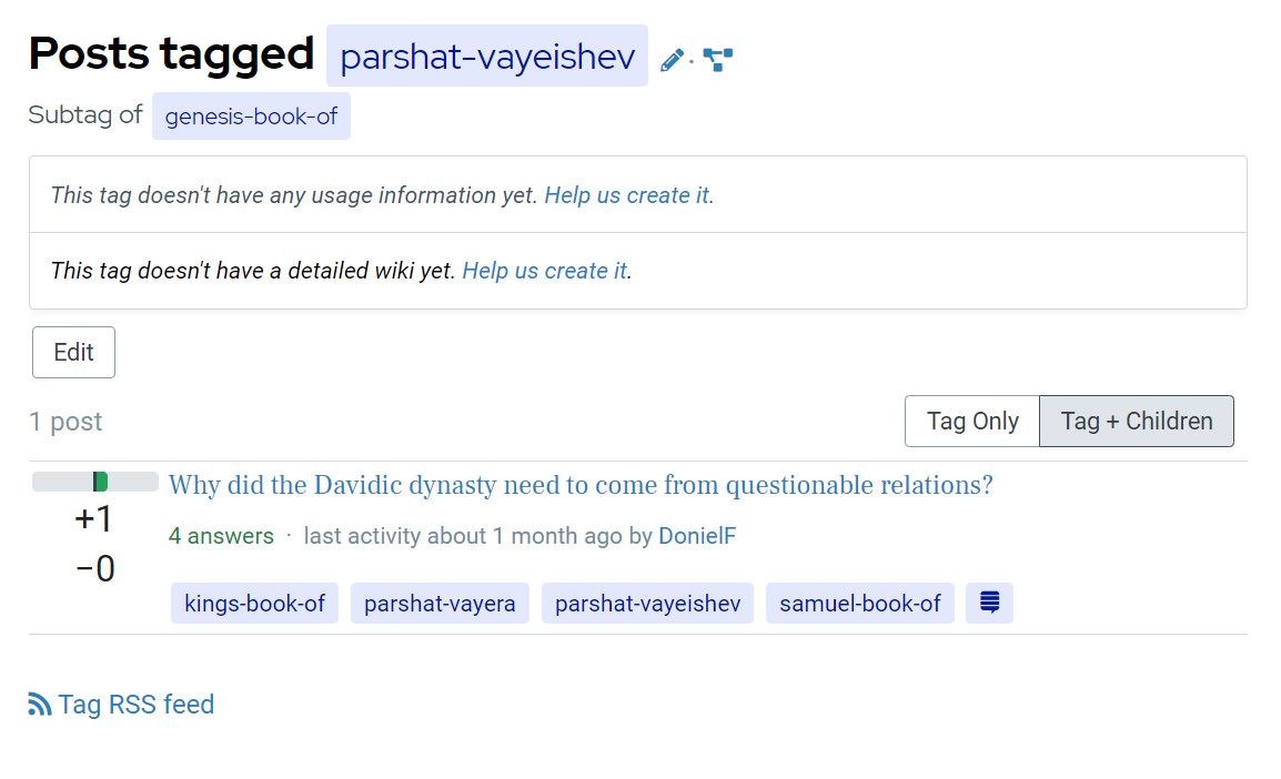 Tag page for the parshat-vayeishev tag, showing 1 question