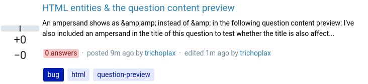A question preview with an ampersand in the title but an HTML entity in the content preview