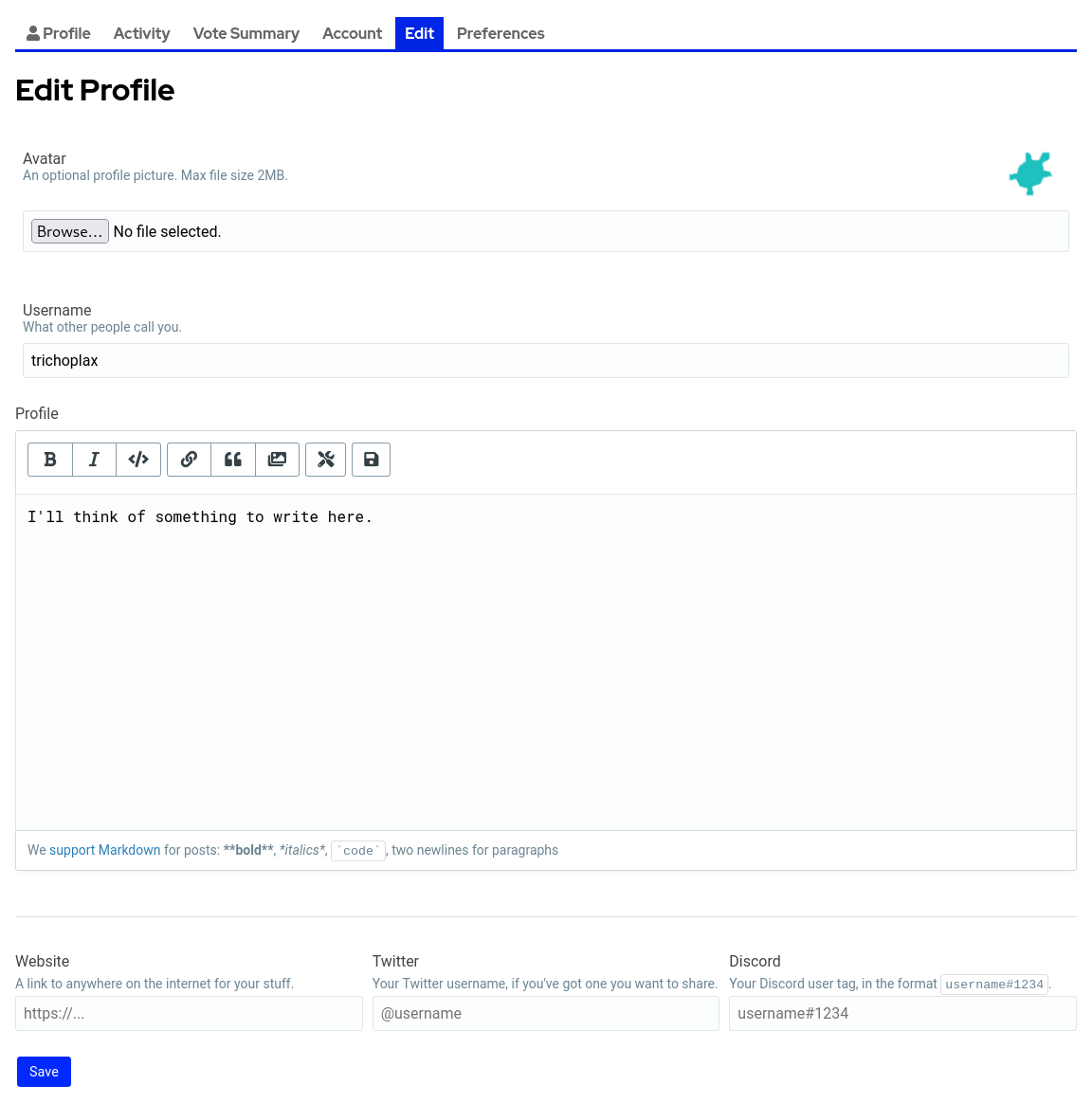 Edit Profile page with filler text in the Profile field