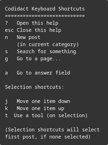 Codidact Keyboard Shortcuts help box