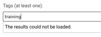 Tags box showing "The results could not be loaded"