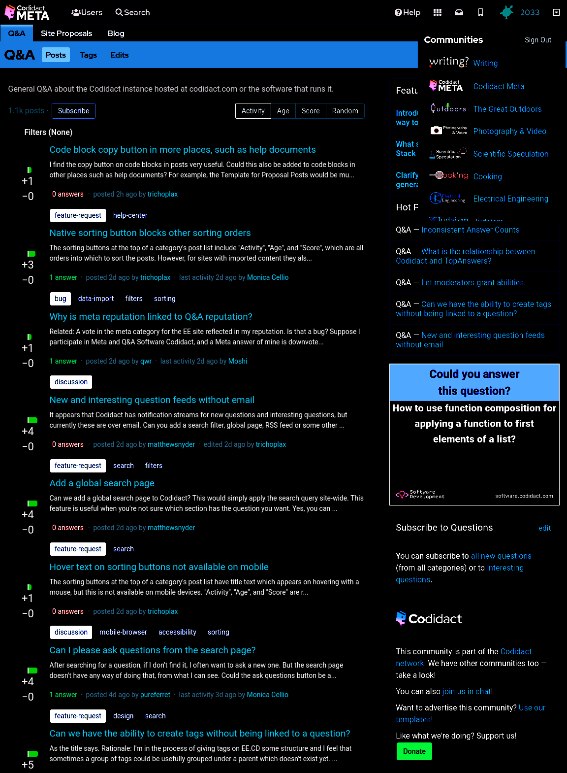 Codidact Meta home page in standard colours but dark and light swapped and contrast at 300%