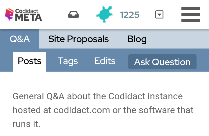 Codidact Meta site with "Posts" styled as a tab rather than a button