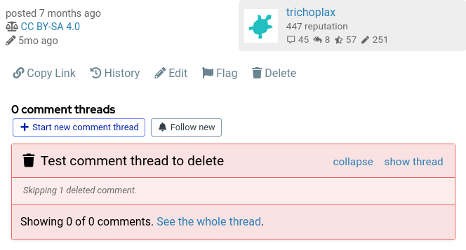 The expanded deleted thread showing "skipping 1 deleted comment"