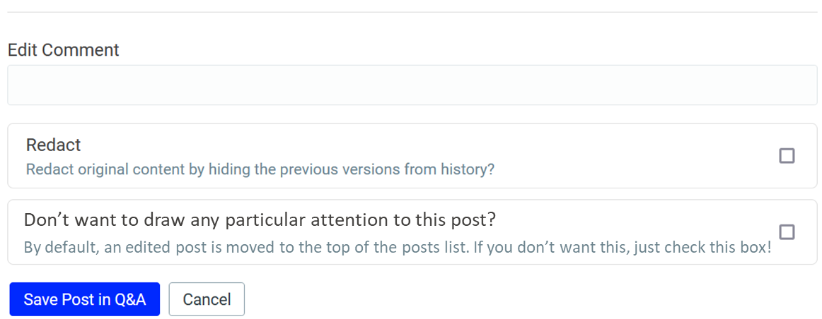Example of the feature implemented with a check box in order to let the user choose if the post will be move to the top of the list or not