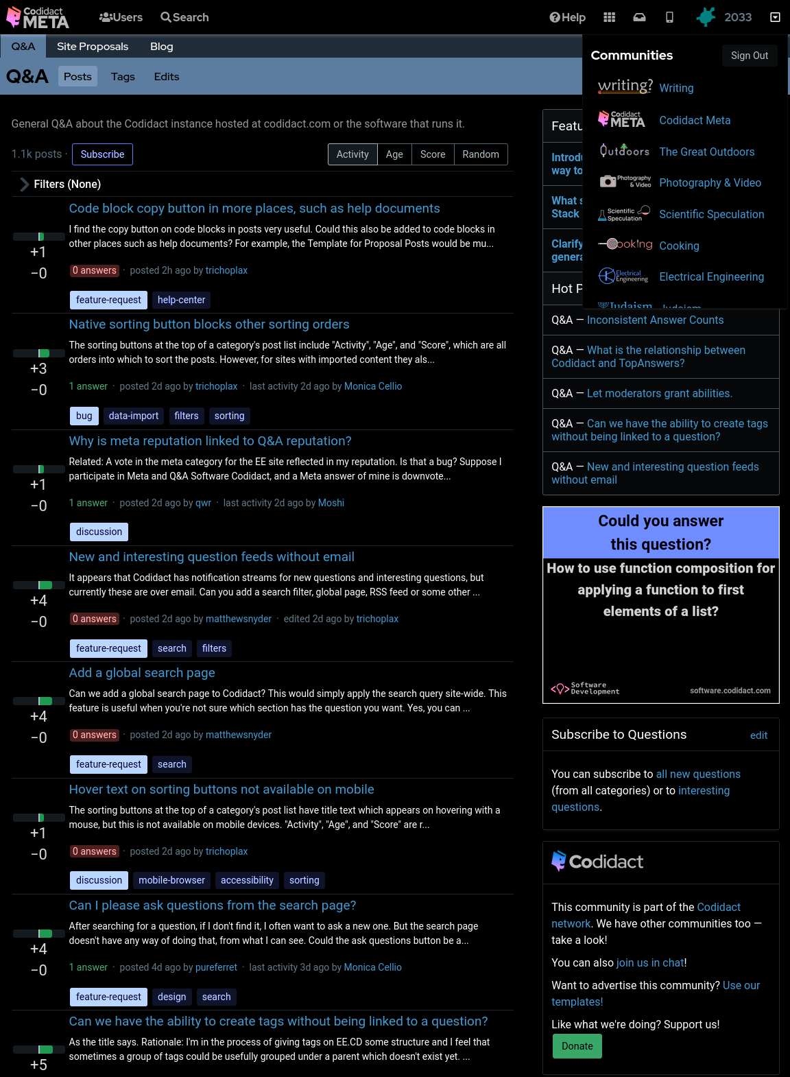 Codidact Meta home page in standard colours but dark and light swapped