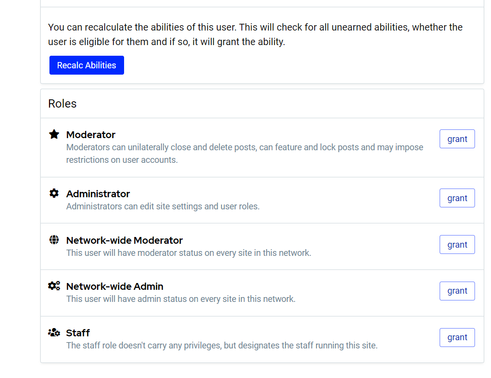 Below the "recalculate abilities" button, and option to grant roles such as "moderator", "administrator", "global moderator", "global administrator", and "staff"