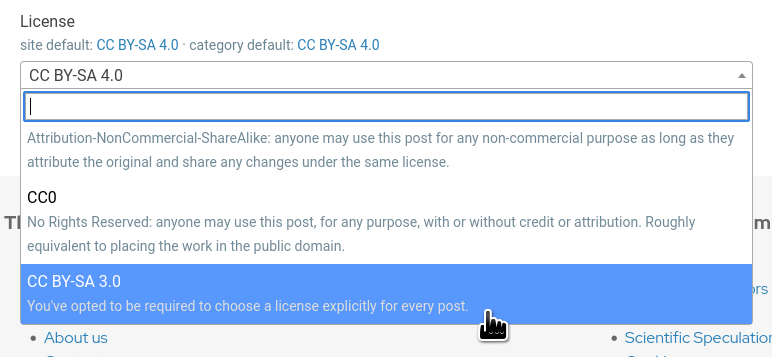 Dropdown list for license, showing CC BY-SA 3.0 has incorrect description
