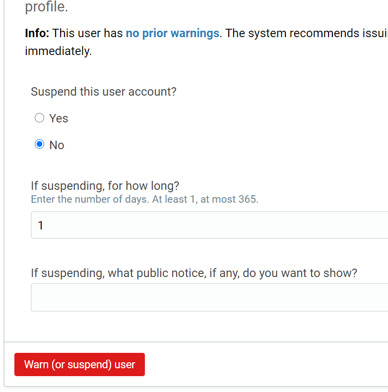 Warning UI with "No" selected for suspension