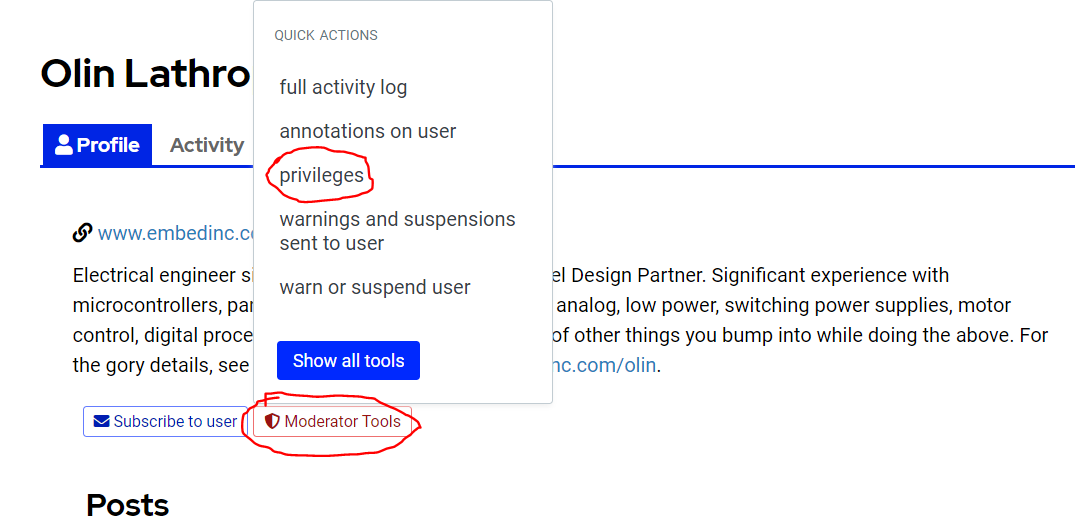 A "Moderator tools" button on Olin Lathrop's user profile; the button has been pressed, showing several options, including "privileges" which has been circled for emphasis