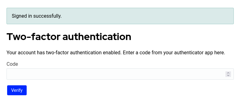 Two-factor authentication page showing "Signed in successfully"