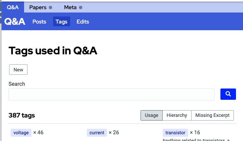 tags page from EE Q&A with 'new' button