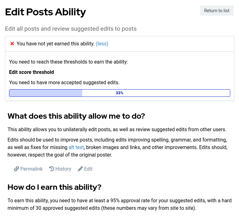The Edit Posts Ability page, showing a progress bar at 33%