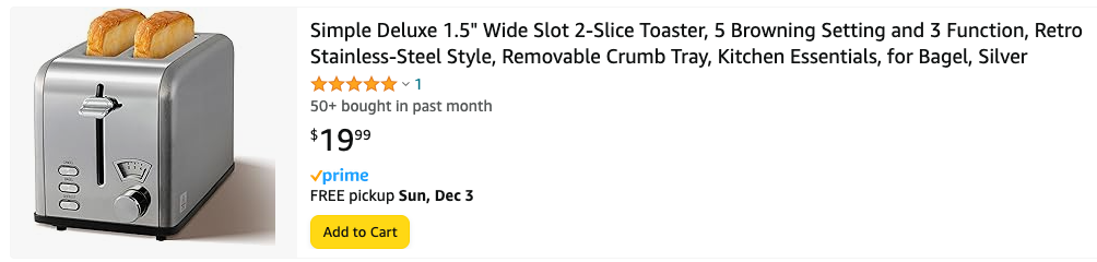 Toaster with 5 stars and 1 rating