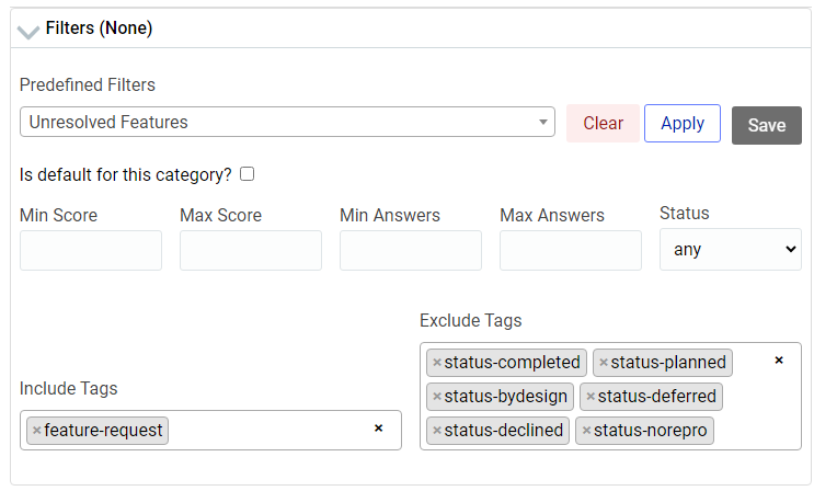 Filter settings; set to include tags "feature-request", and exclude tags "status-completed, status-norepro, status-planned, status-bydesign, status-declined, status-deferred".