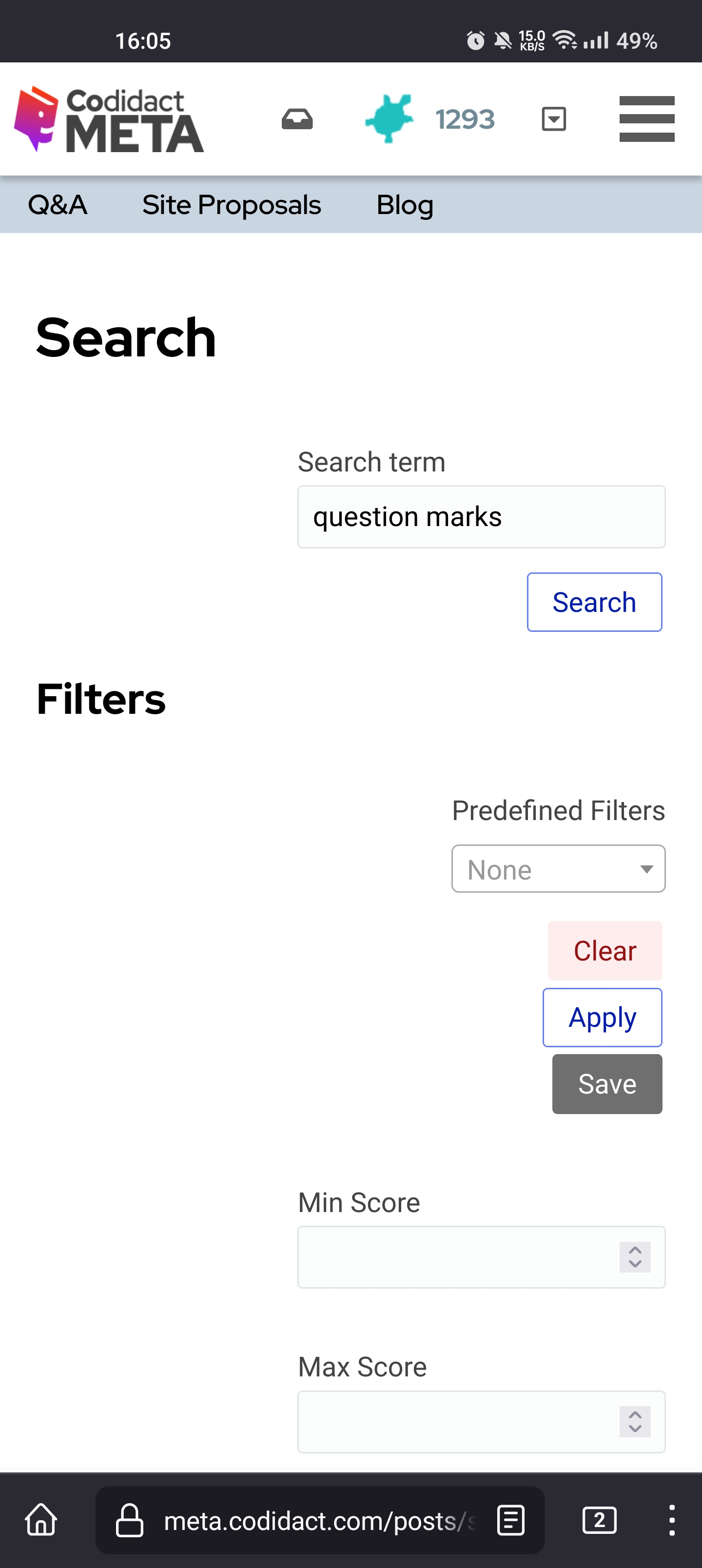 Mobile view of the search results page with only the search box and filter section showing