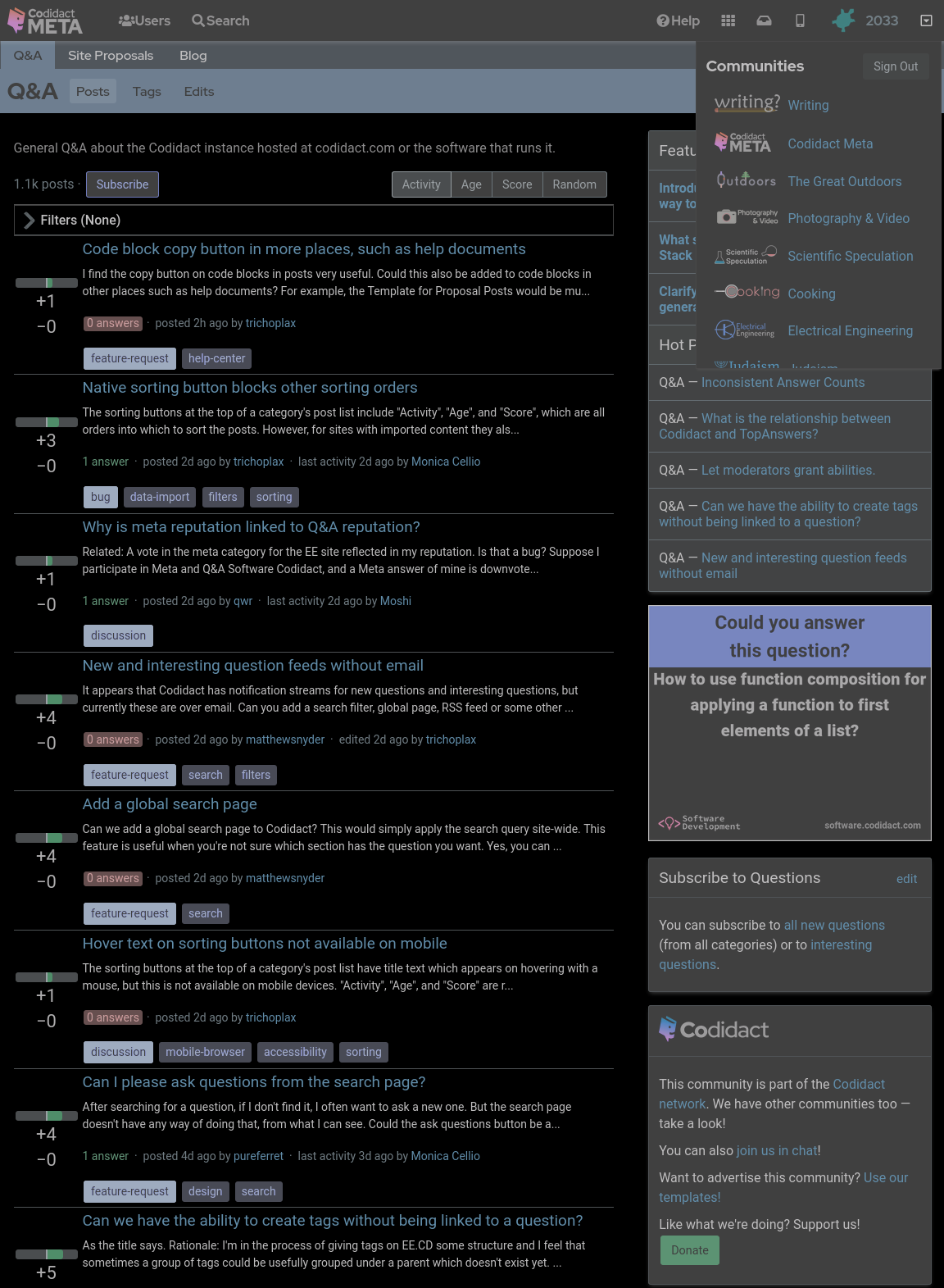 Codidact Meta home page in standard colours but dark and light swapped and contrast at 50%
