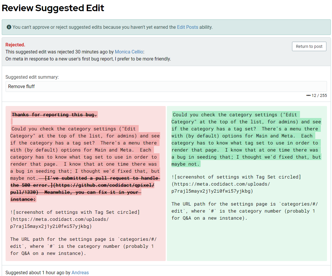 Screenshot of the specific suggested edit's review result page (the one with the comparison)