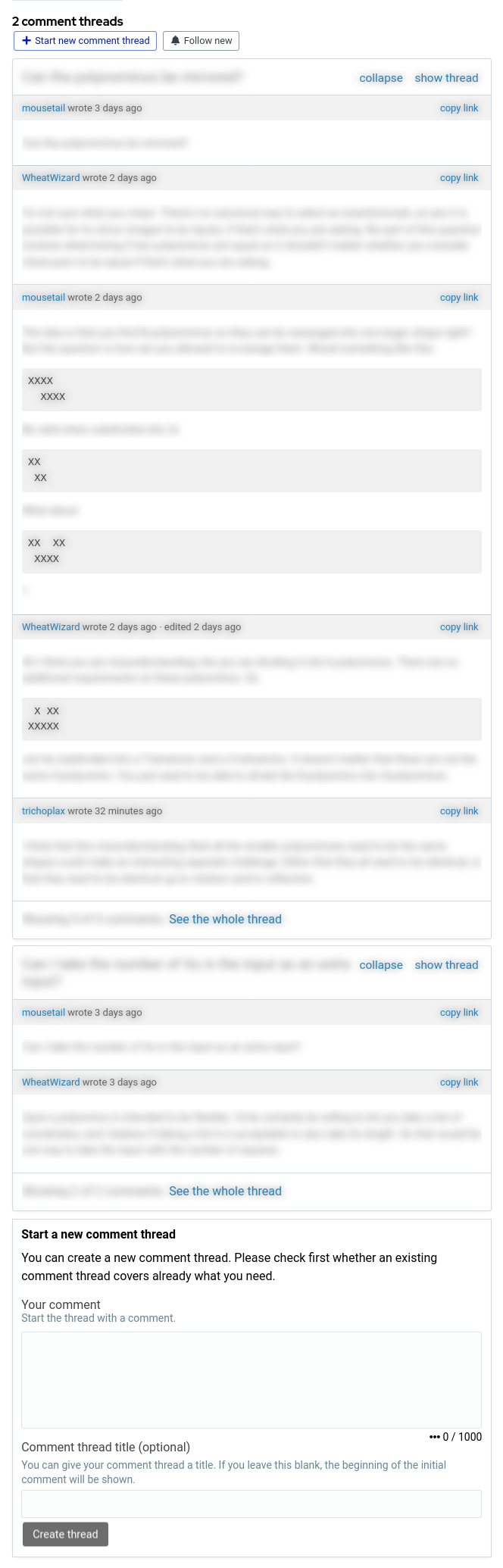 A tall blurred out comment thread separating the "Start new comment thread" button from the resulting input box